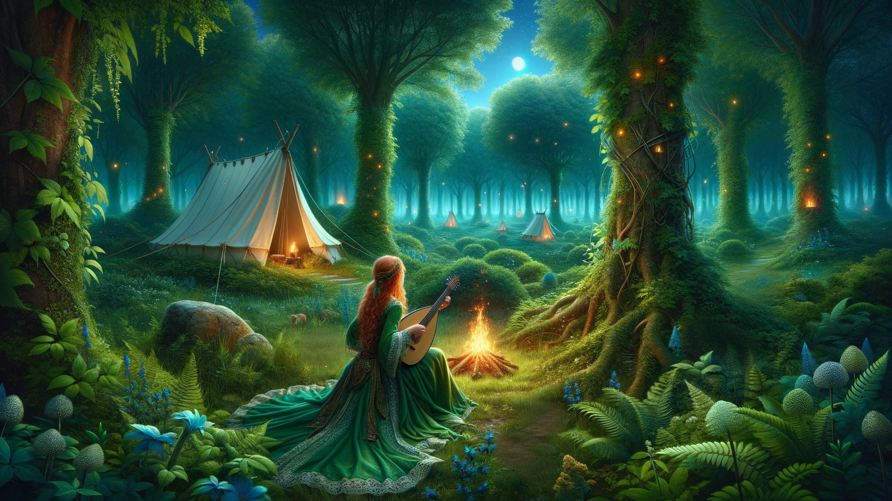 Serene Woman Playing Lute by Glowing Campfire