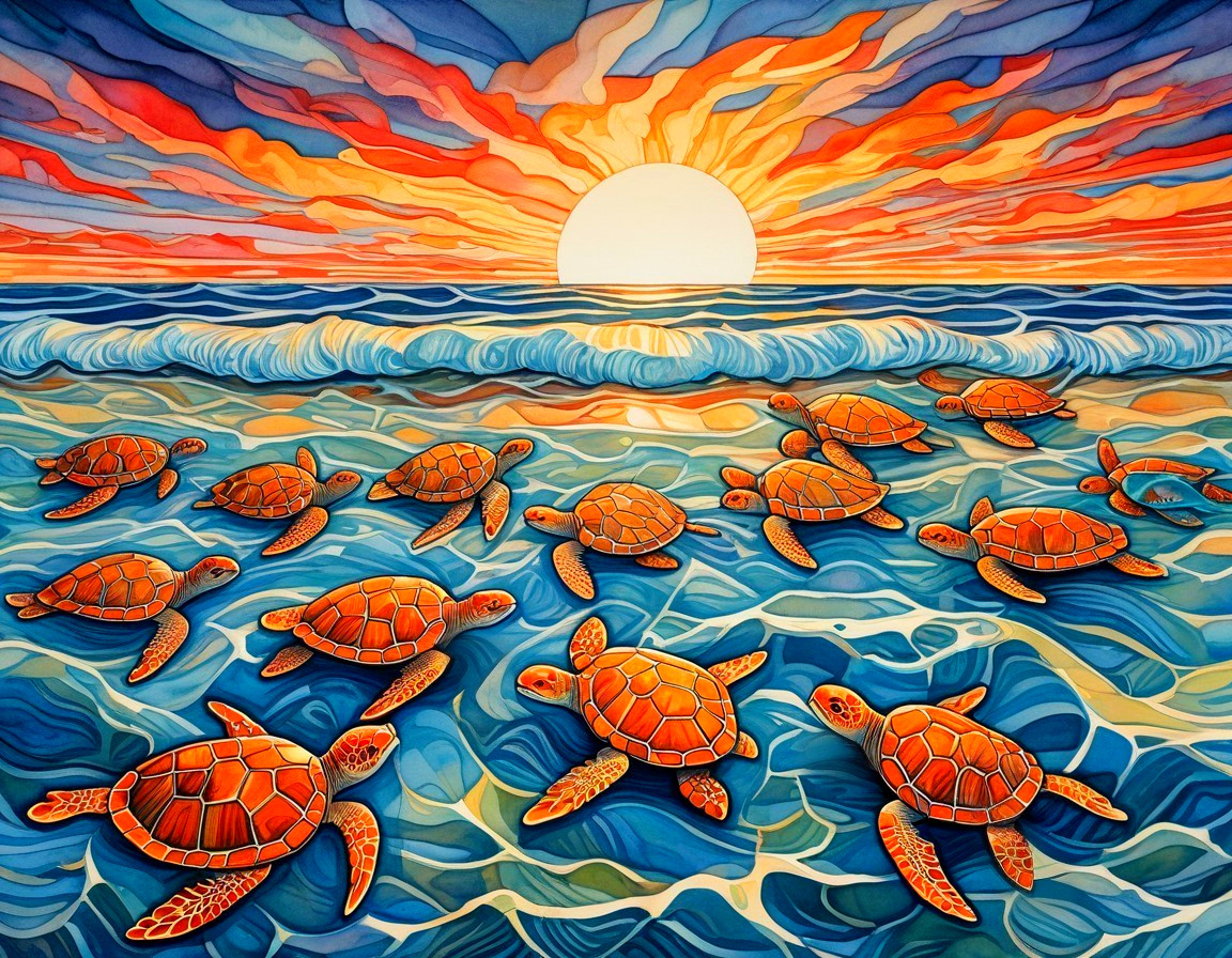 Vibrant Sunset Over Sea Turtles in Tranquil Ocean