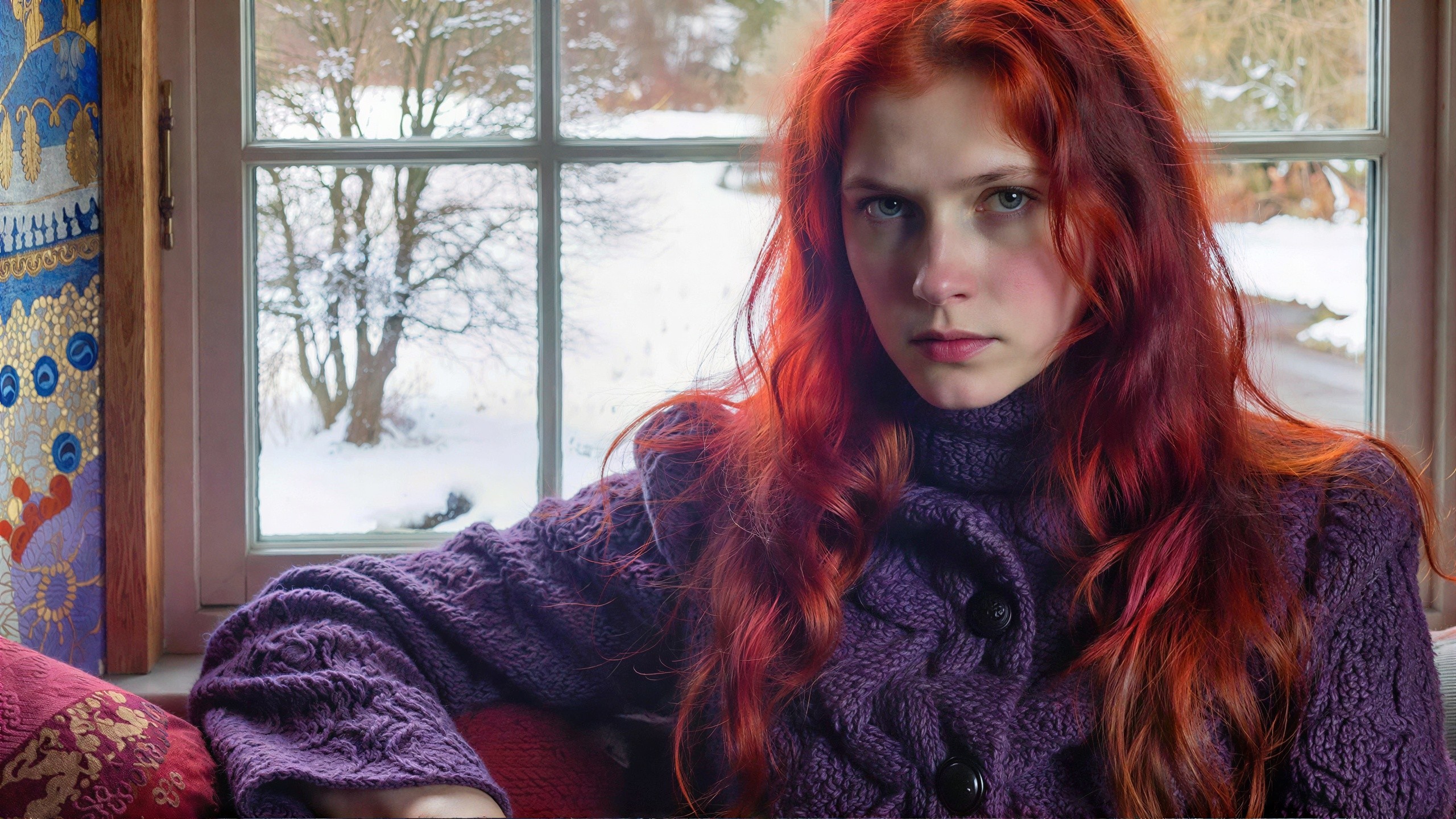 Young woman in purple sweater by snowy window scene