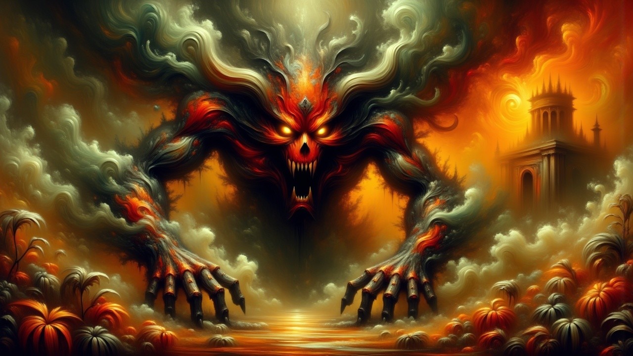Mythical creature with glowing eyes in eerie landscape
