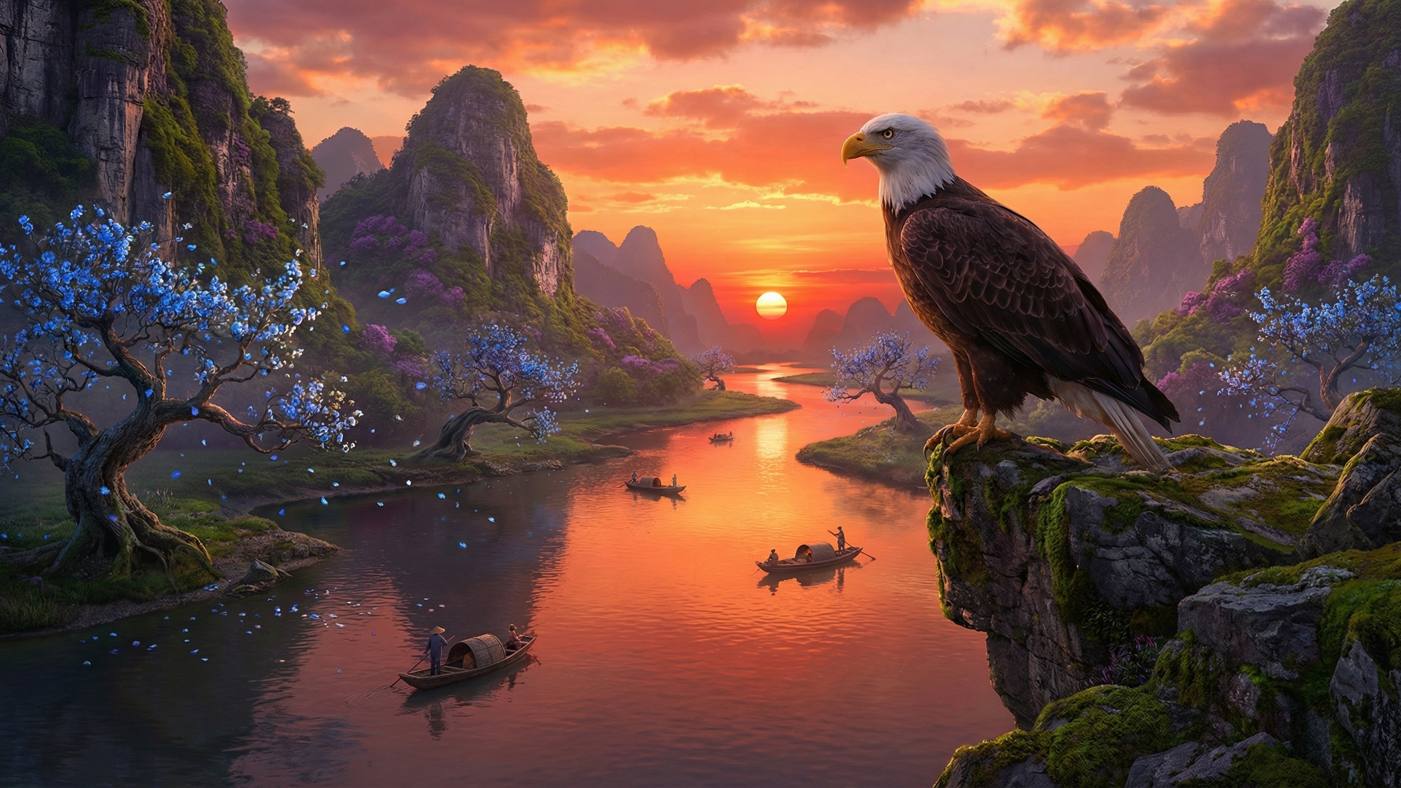 Bald Eagle on Cliff Overlooking Sunset River Scene