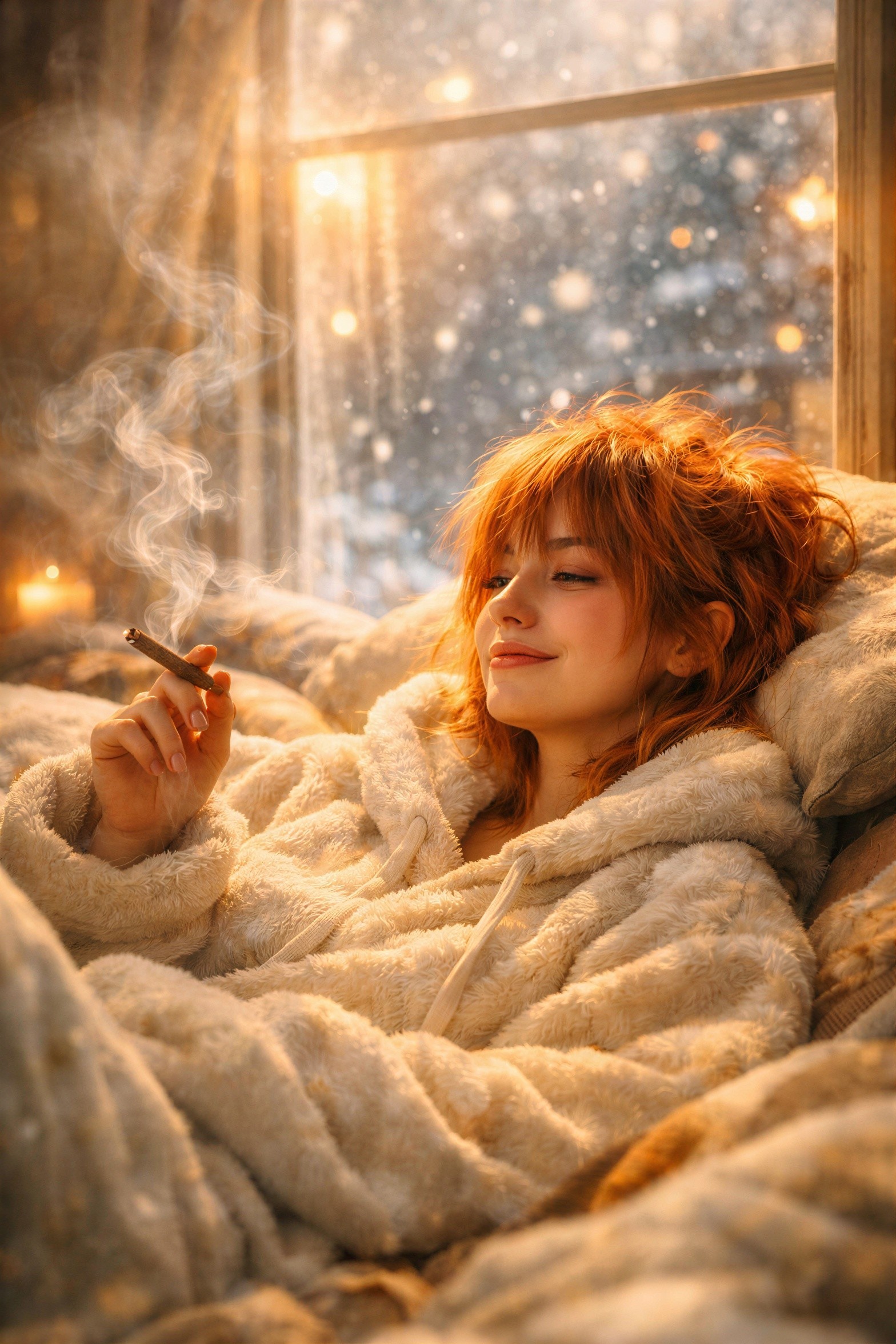 Cozy girl with reddish-orange hair in a snowy setting