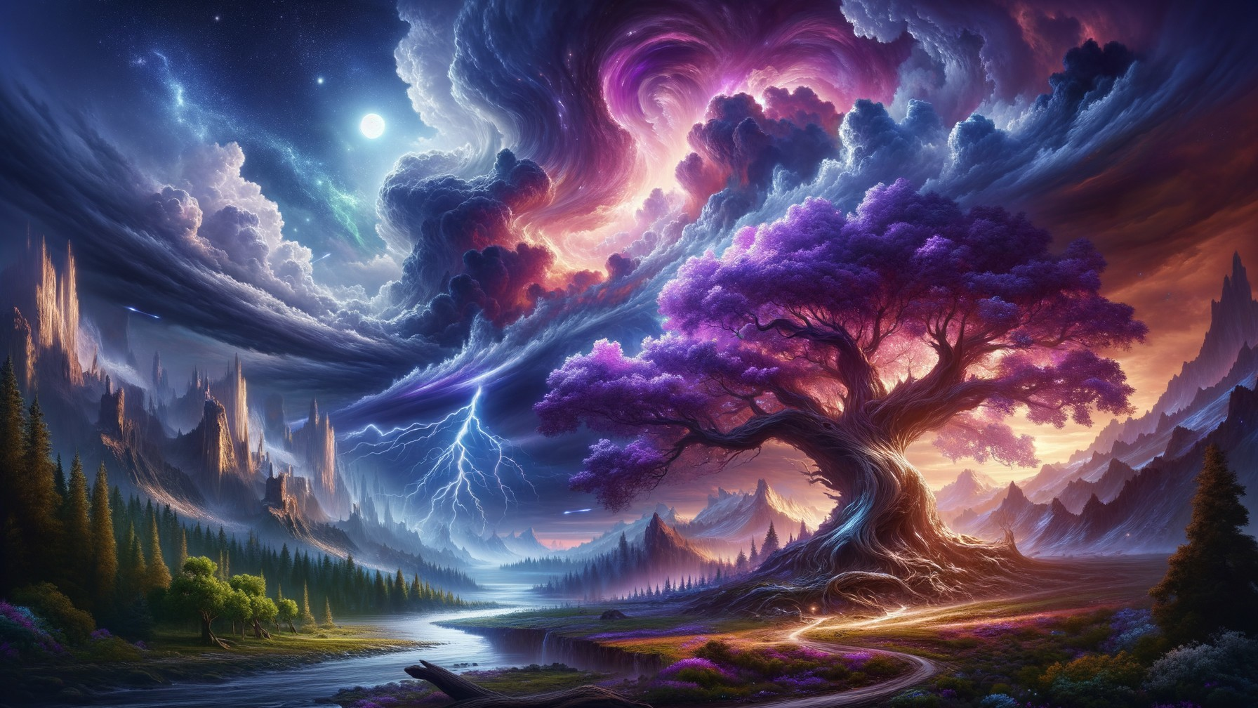 Vibrant Purple Tree and River Under Stormy Sky