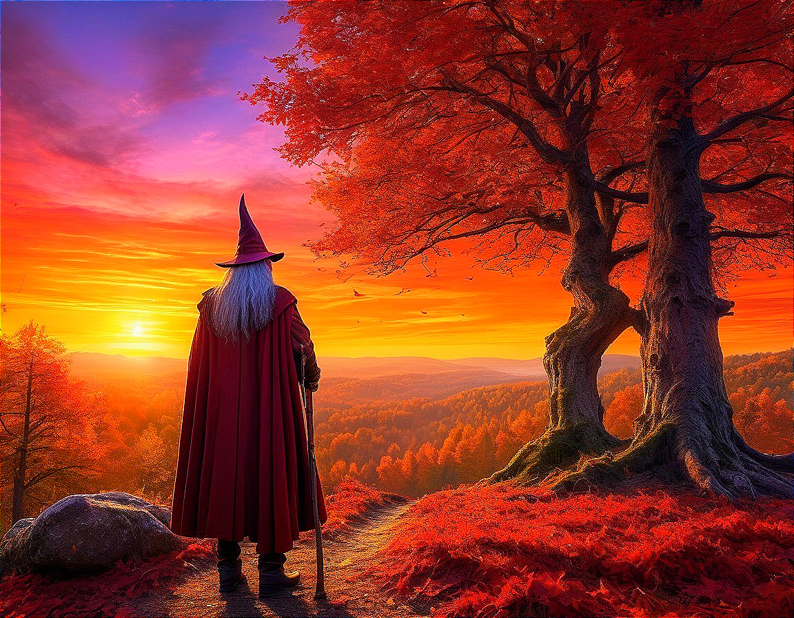 Red Cloaked Figure in Enchanting Autumn Landscape