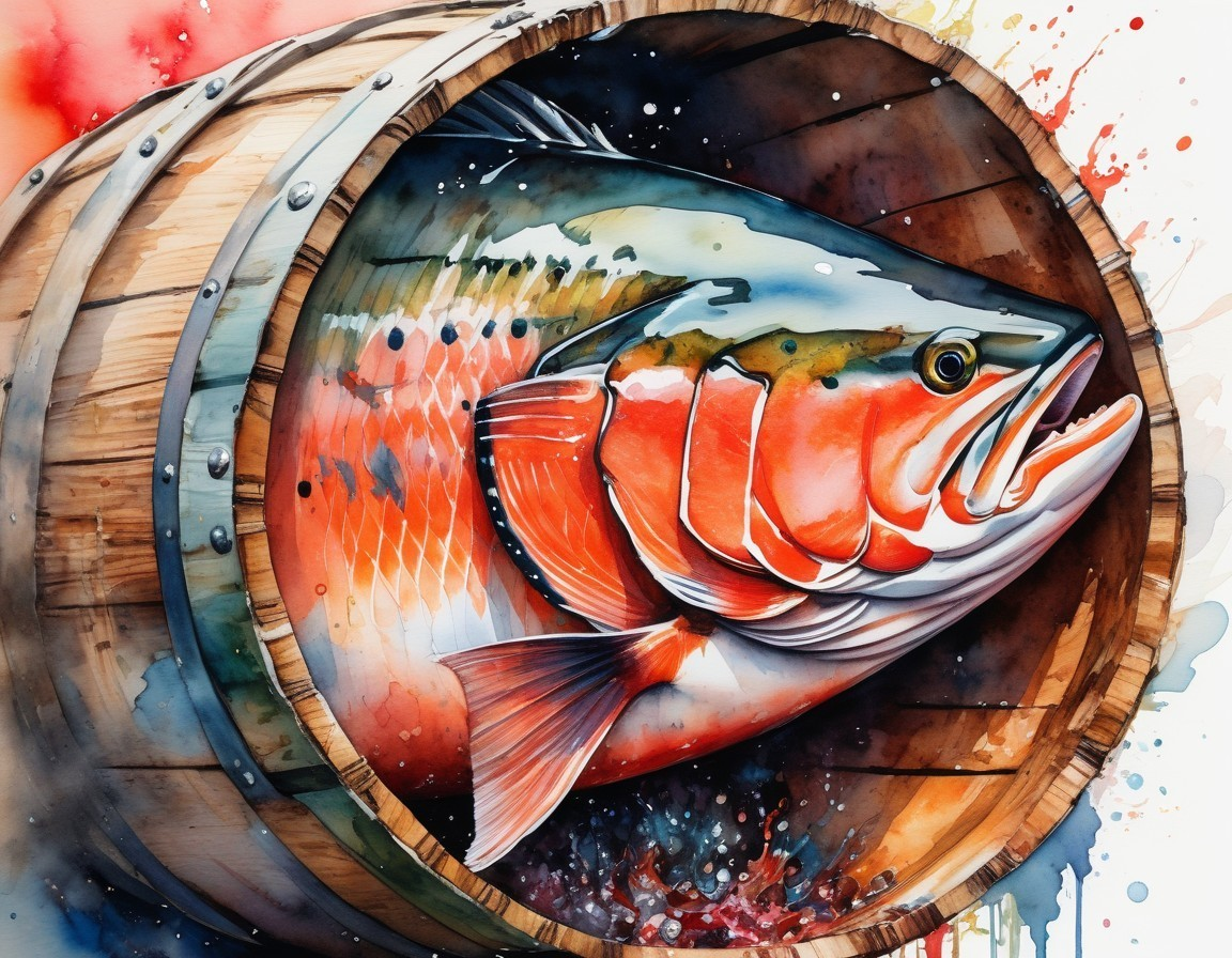 Vibrant Watercolor of Fish Emerging from Wooden Barrel
