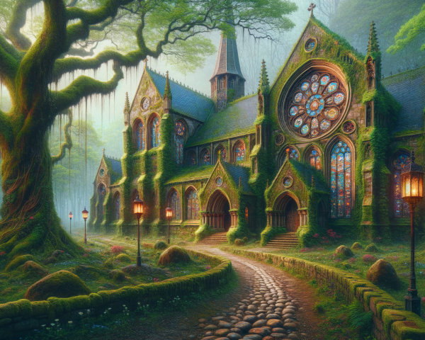 Mystical Forest with Ivy-Covered Church and Lanterns