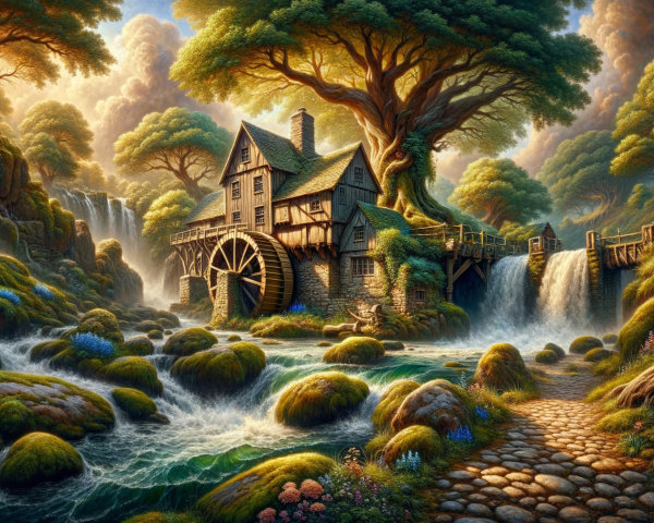 Fantastical Landscape with Grist Mill and Waterfalls