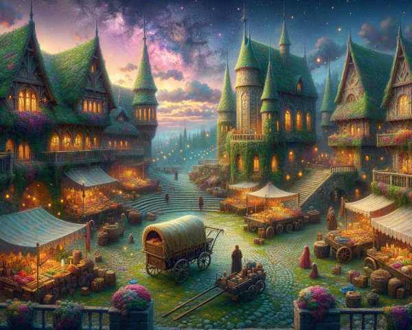 Twilight Scene in a Whimsical Village with Market Stalls