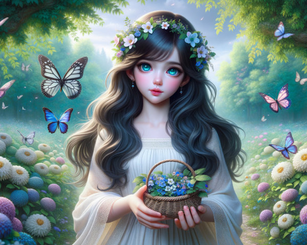 Young girl in forest with flowers and butterflies