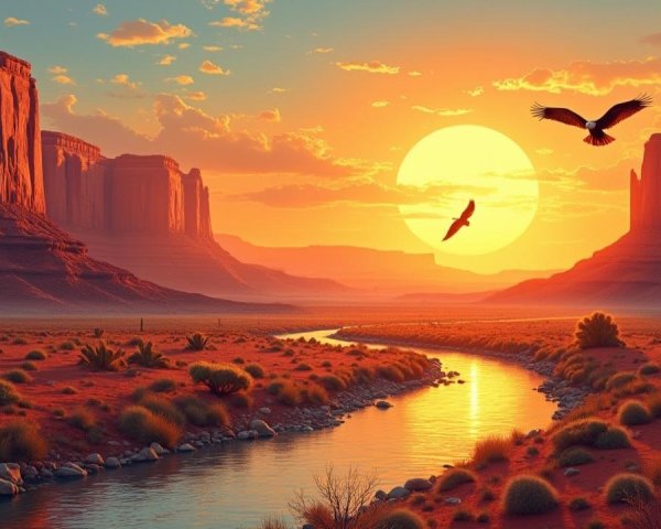Desert Landscape at Sunset with Red Rocks and River