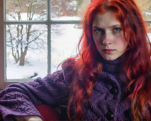 Young woman in purple sweater by snowy window scene