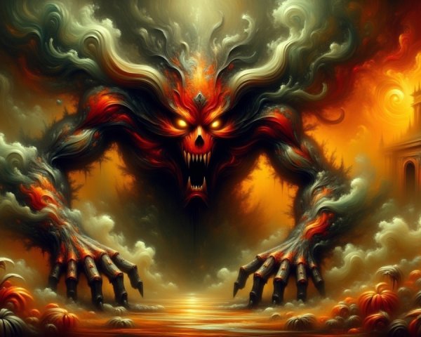 Mythical creature with glowing eyes in eerie landscape