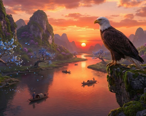 Bald Eagle on Cliff Overlooking Sunset River Scene