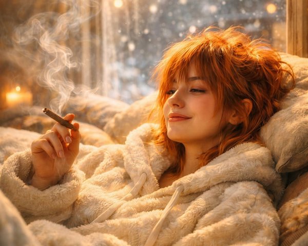 Cozy girl with reddish-orange hair in a snowy setting