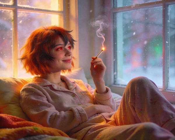 Young woman with red hair by window in snowy scene