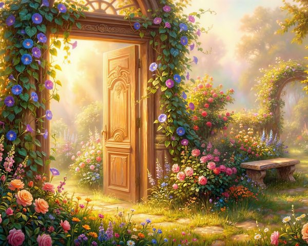 Enchanted garden with a glowing door and flowers