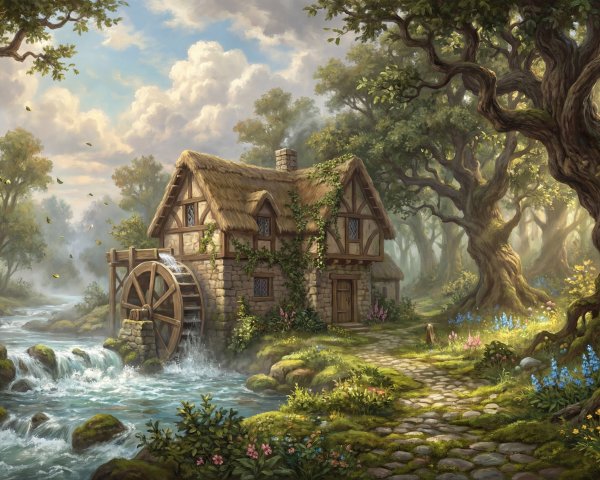 Fantasy Landscape with Water Mill in Enchanted Forest