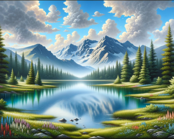 Serene Landscape with Lake and Snow-Capped Mountains