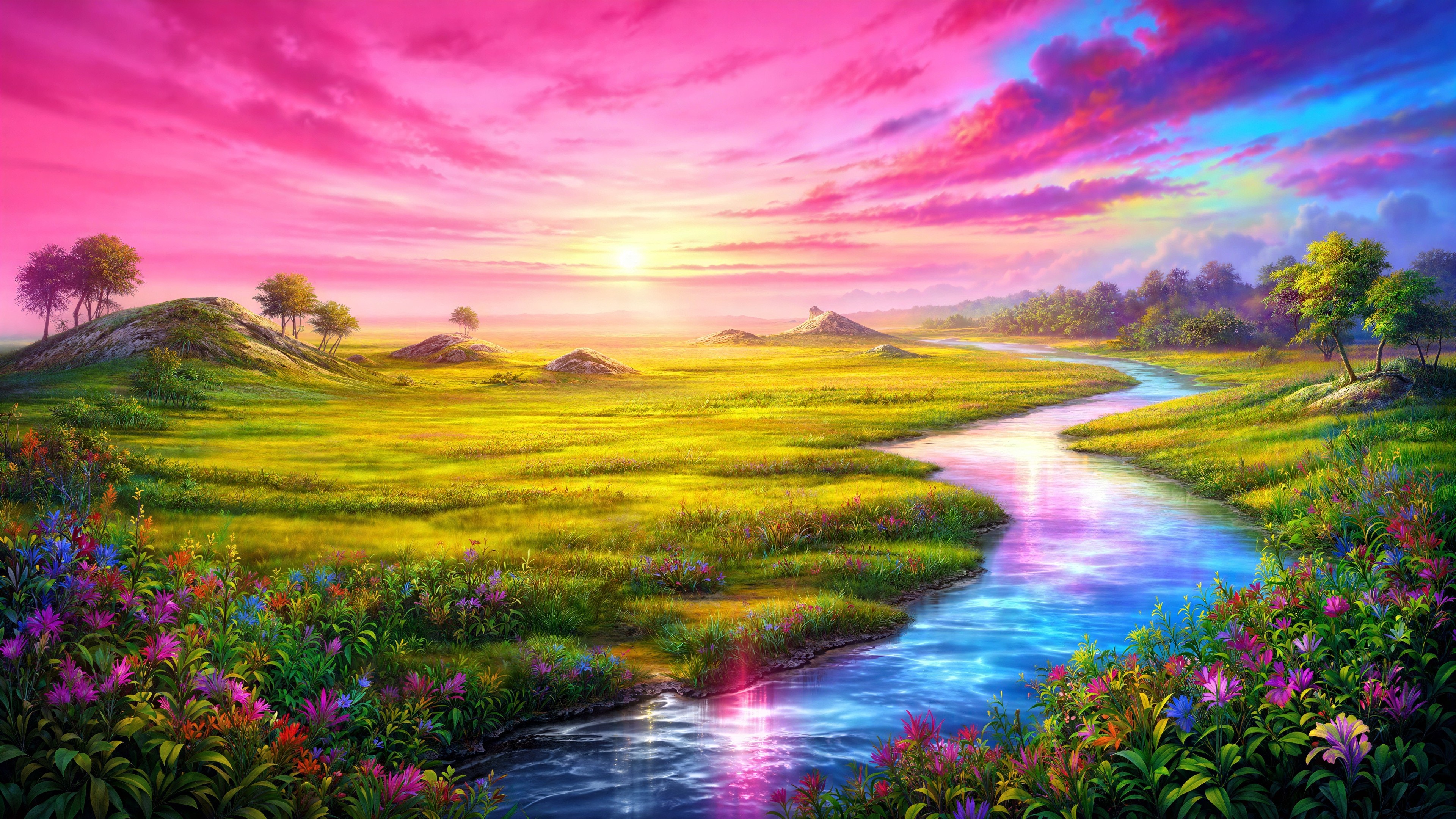 Vibrant Landscape with River and Colorful Wildflowers