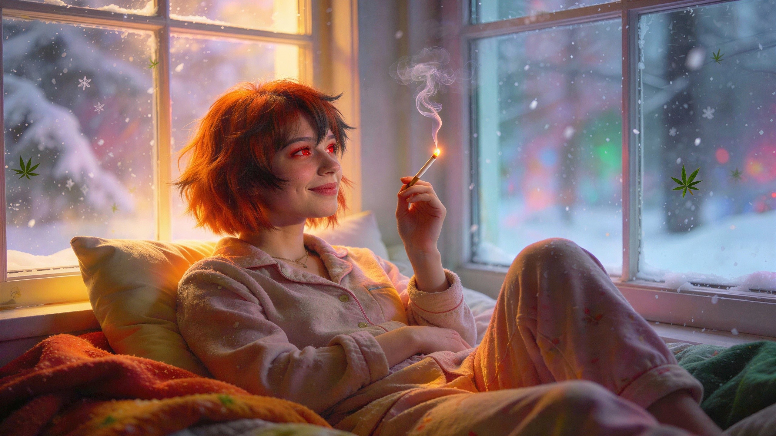 Young woman with red hair by window in snowy scene