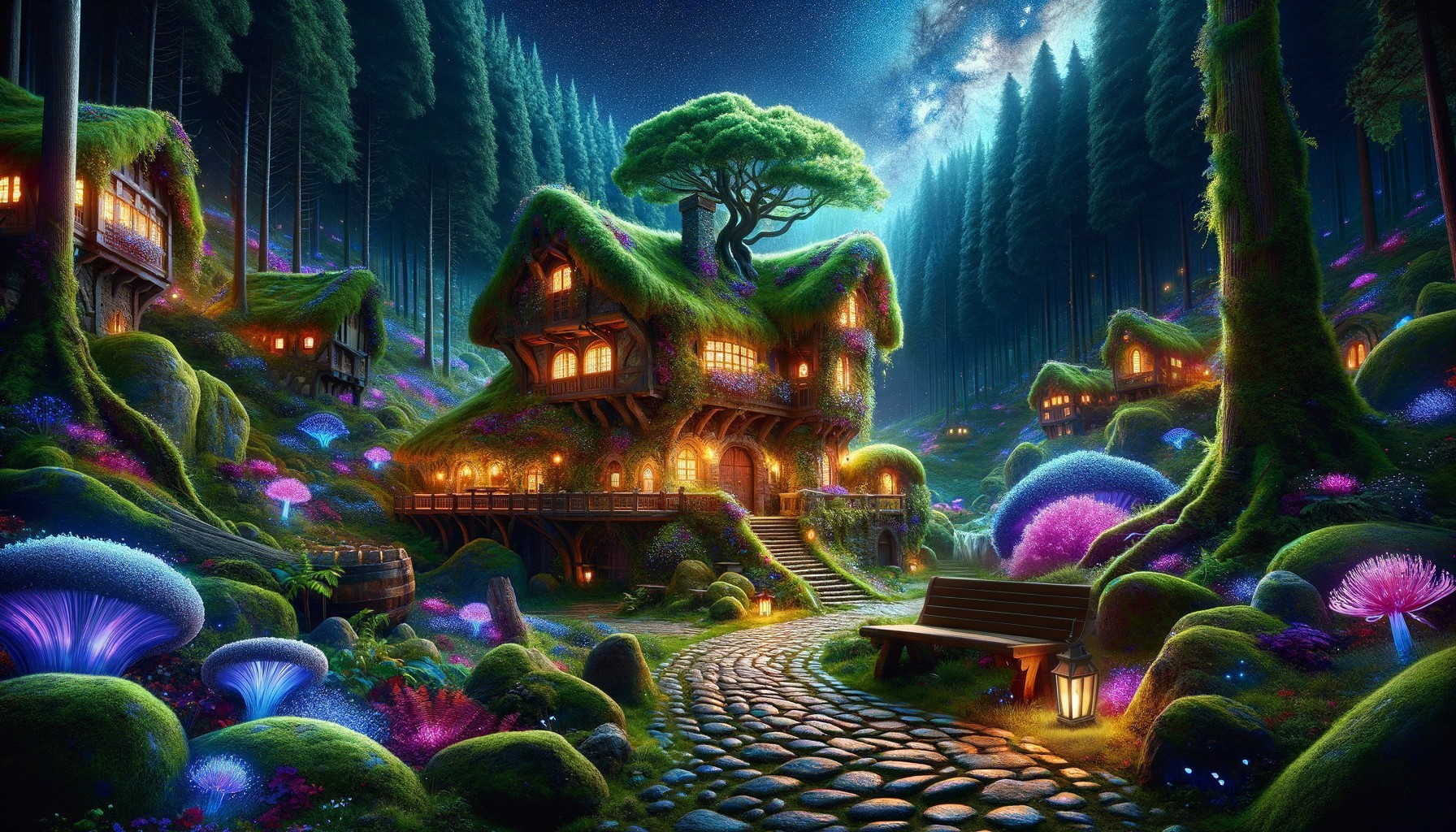 Whimsical Forest Scene with Cozy Cottage and Mushrooms