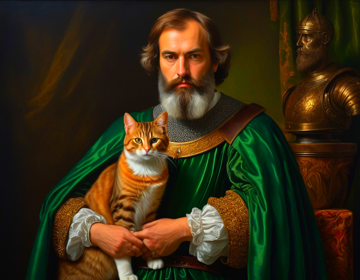 Regal Figure in Green Robe Holding Cat Portrait