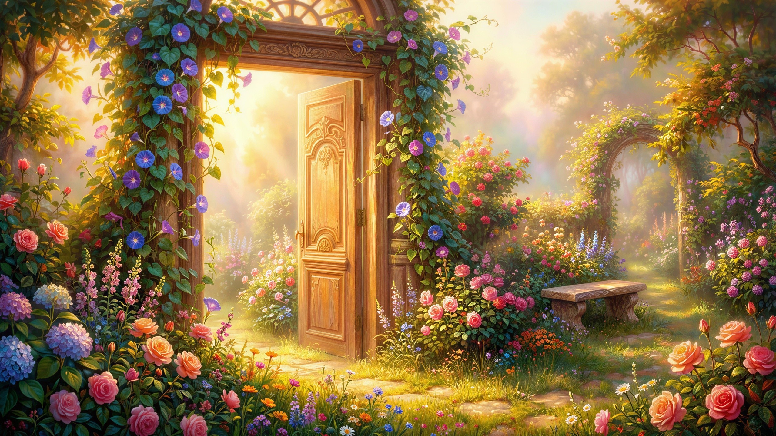 Enchanted garden with a glowing door and flowers