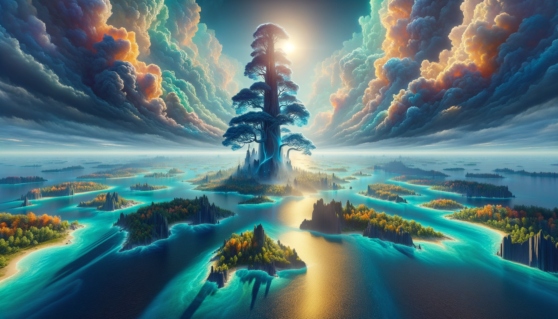 Fantasy Landscape with Majestic Tree and Turquoise Sea