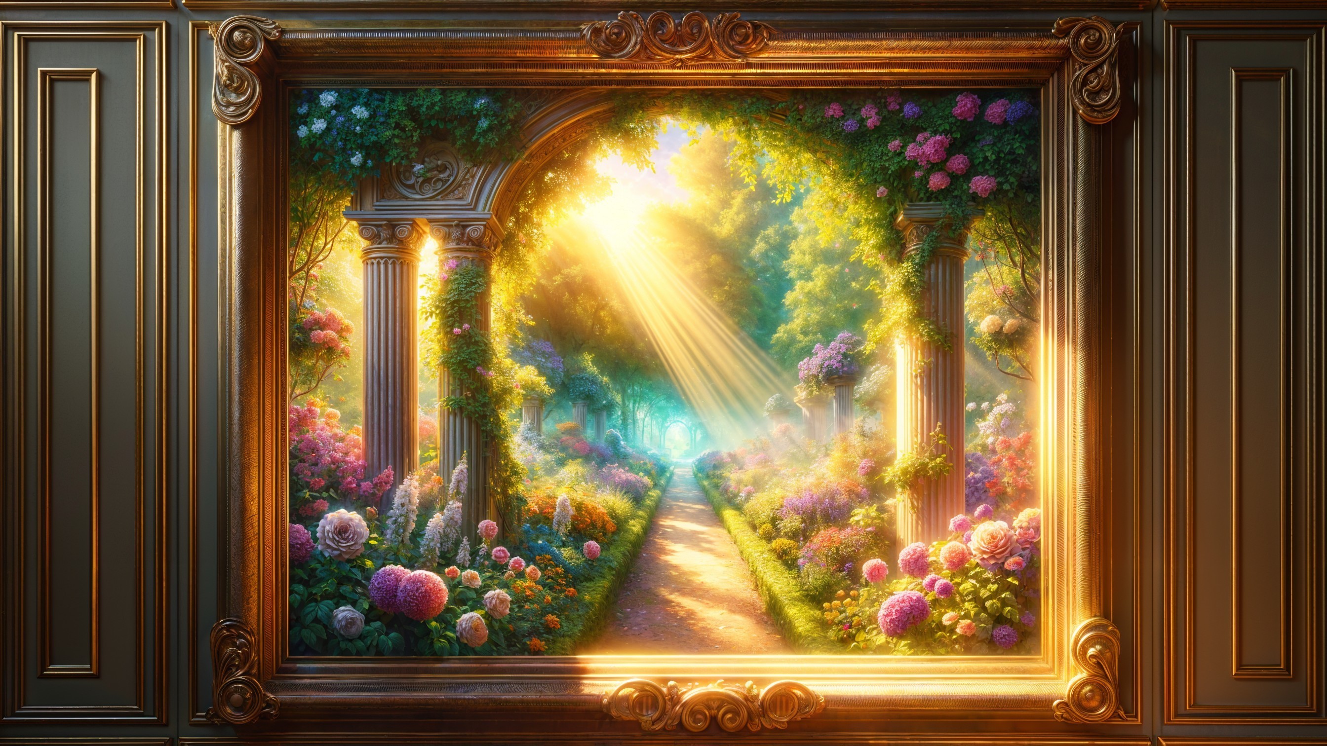 Radiant garden scene with colorful flowers and greenery