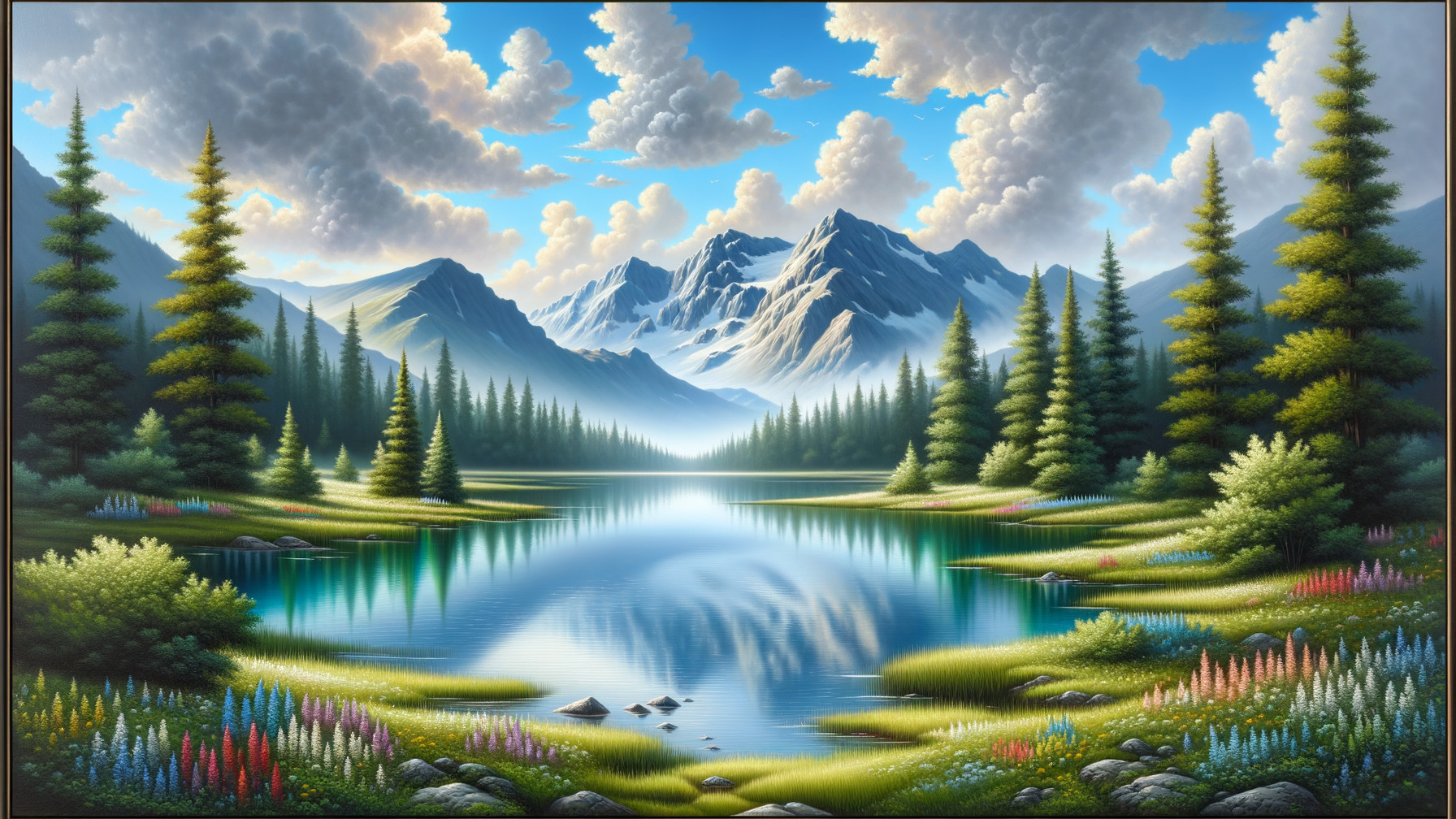 Serene Landscape with Lake and Snow-Capped Mountains