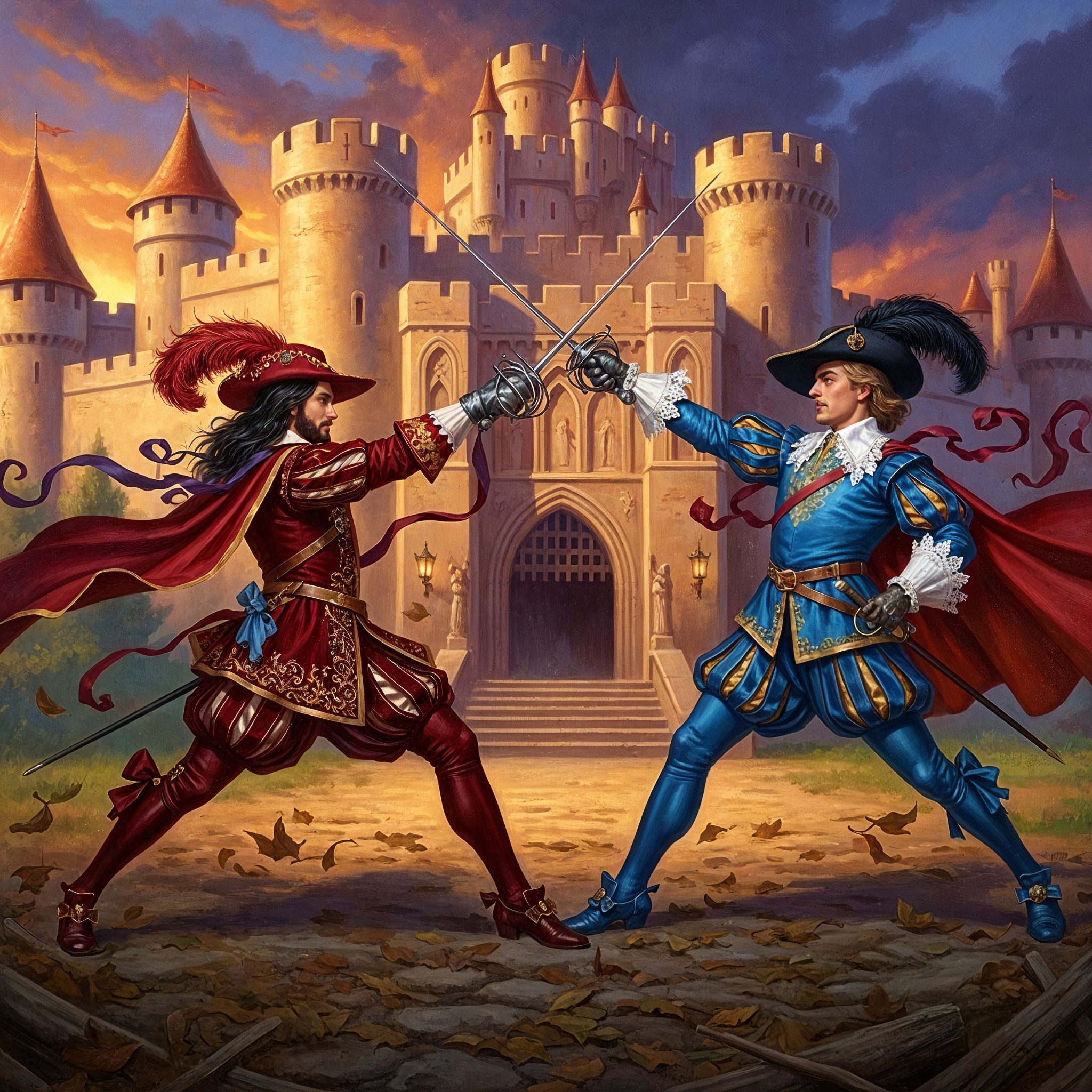 Duelists in Elegant Attire Fight at Sunset Castle