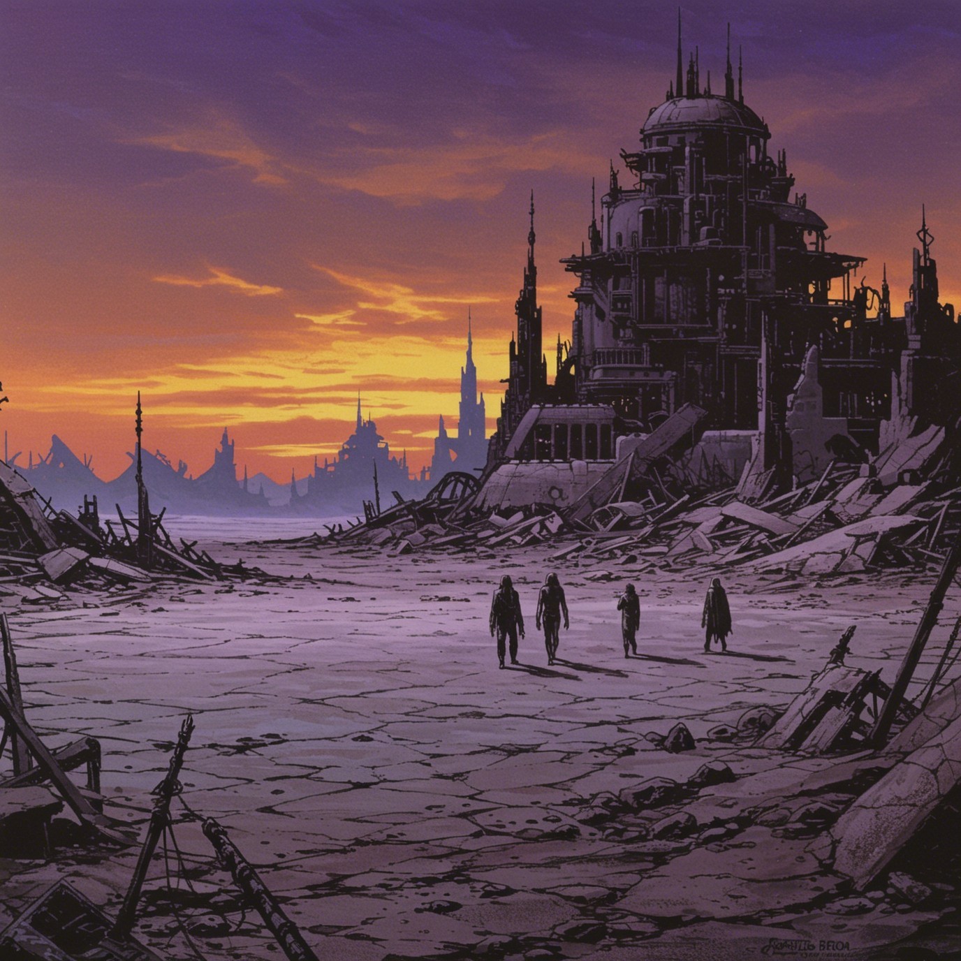 Desolate Landscape with Figures Approaching Ruined City