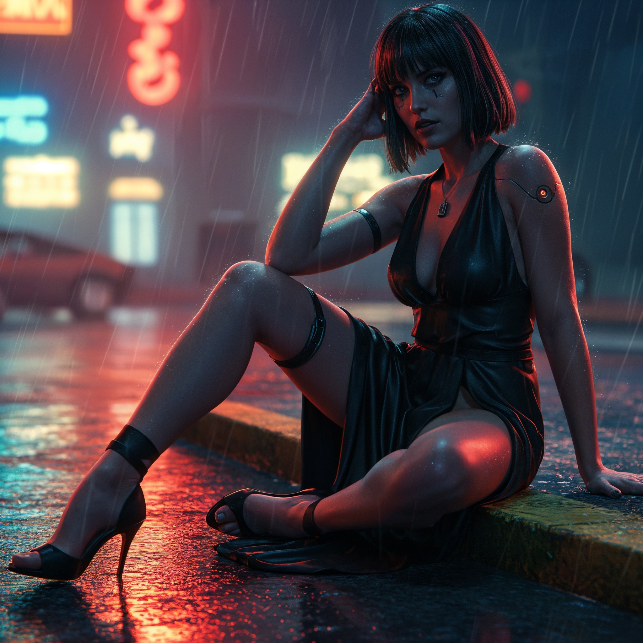 Female figure in black dress on neon-lit street