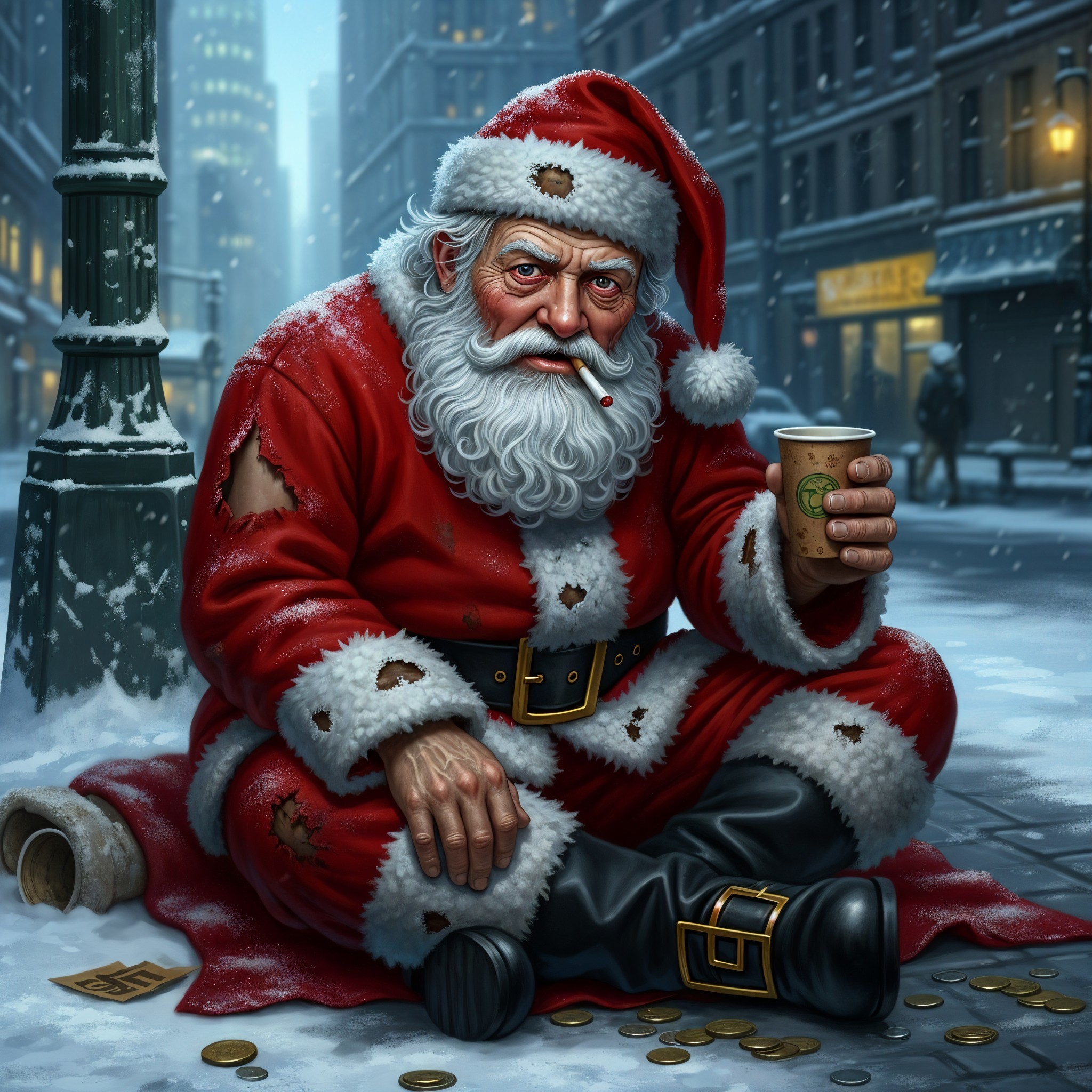 Rugged Santa Claus on a snowy city street scene