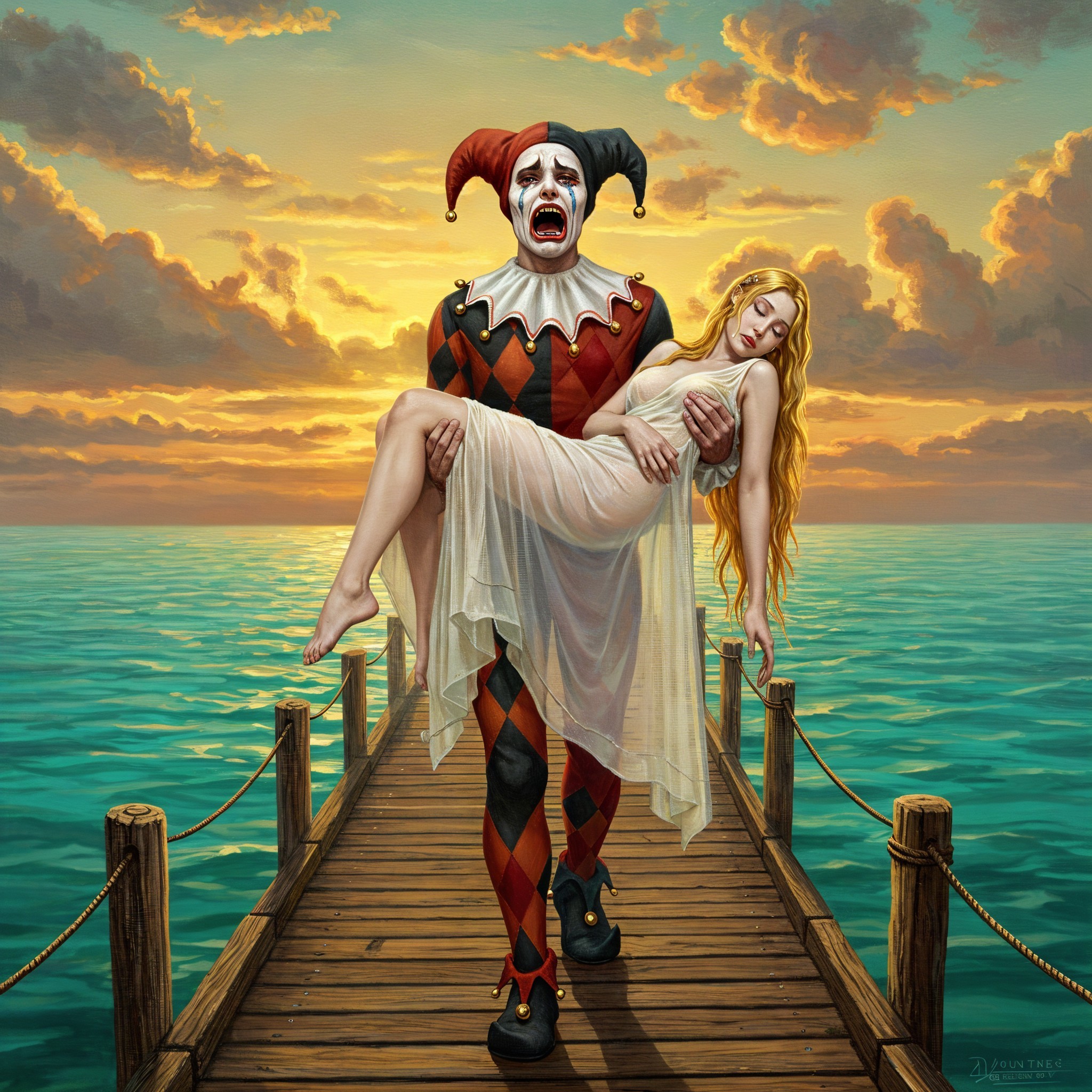 Dramatic Sunset Scene with Jester and Serene Woman