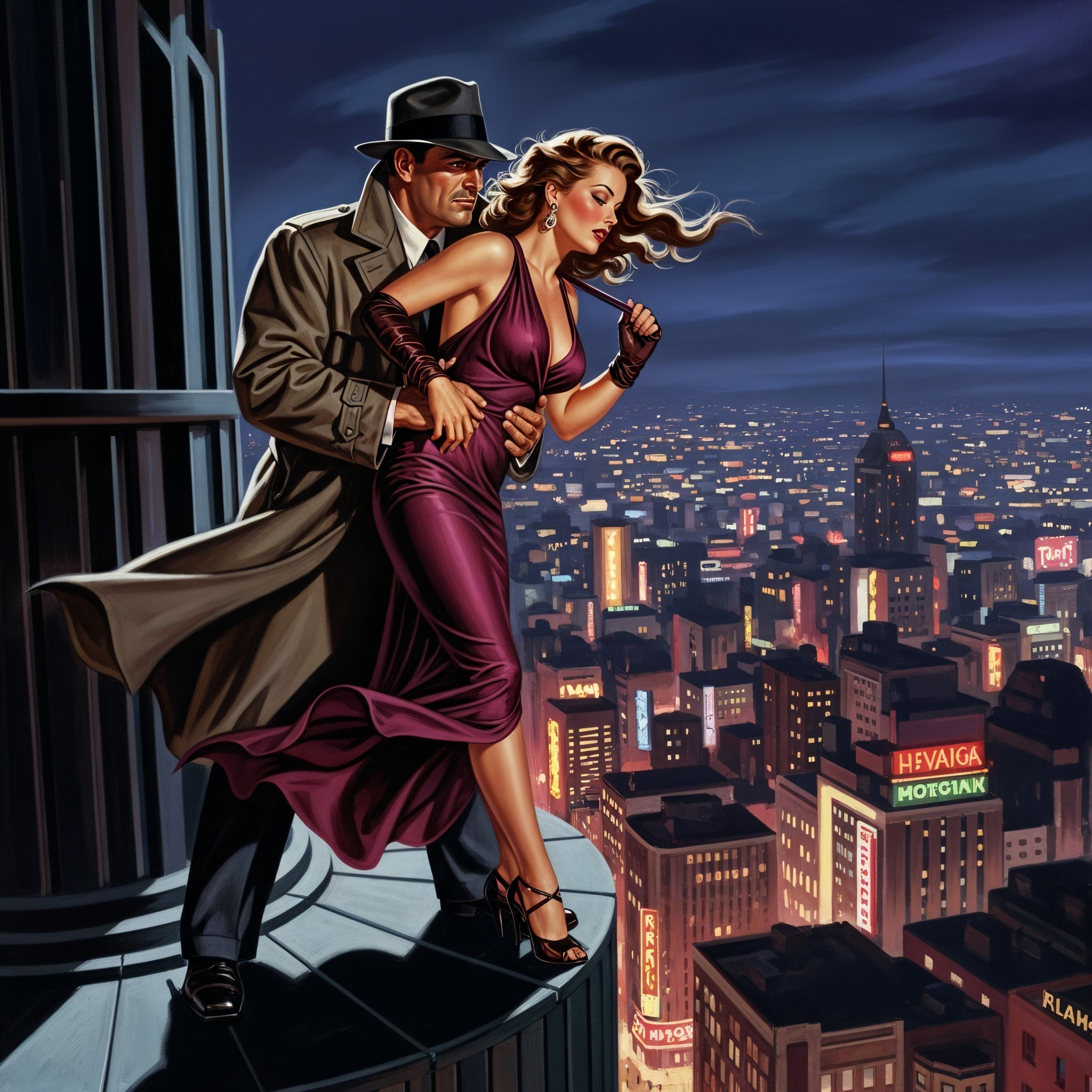 Dramatic Nighttime Urban Skyline with Couple Embrace