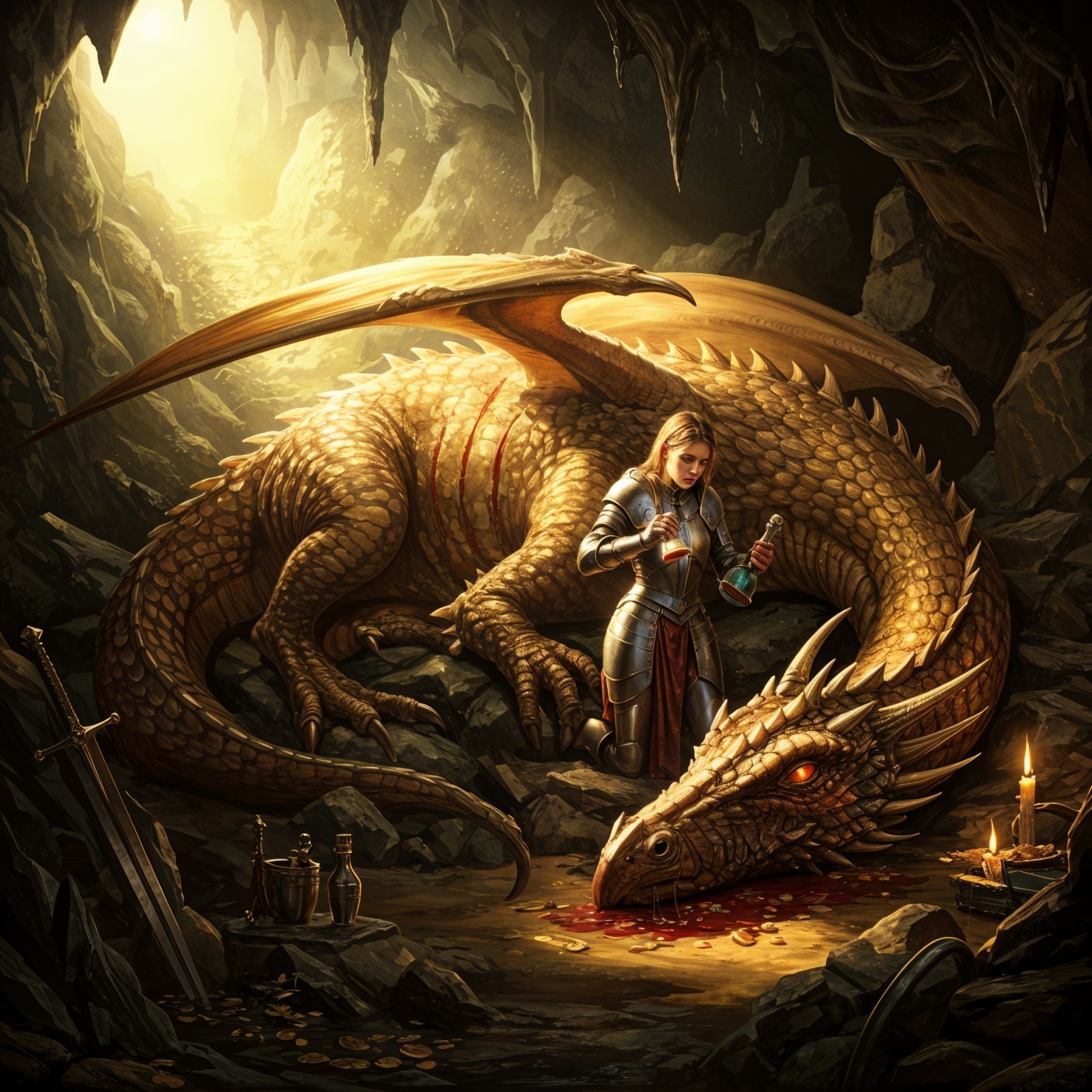 Golden dragon and knight in a treasure-filled cave