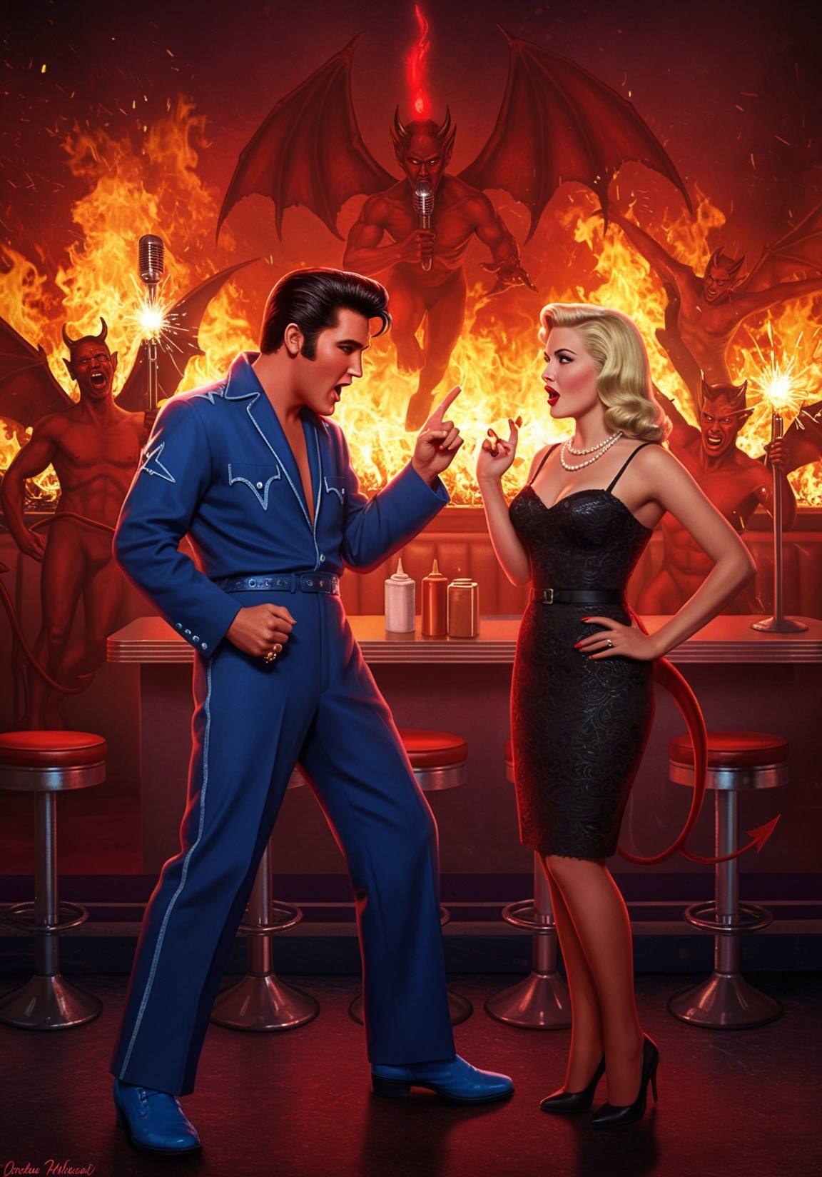 Retro Diner Scene with Charismatic Couple and Demons