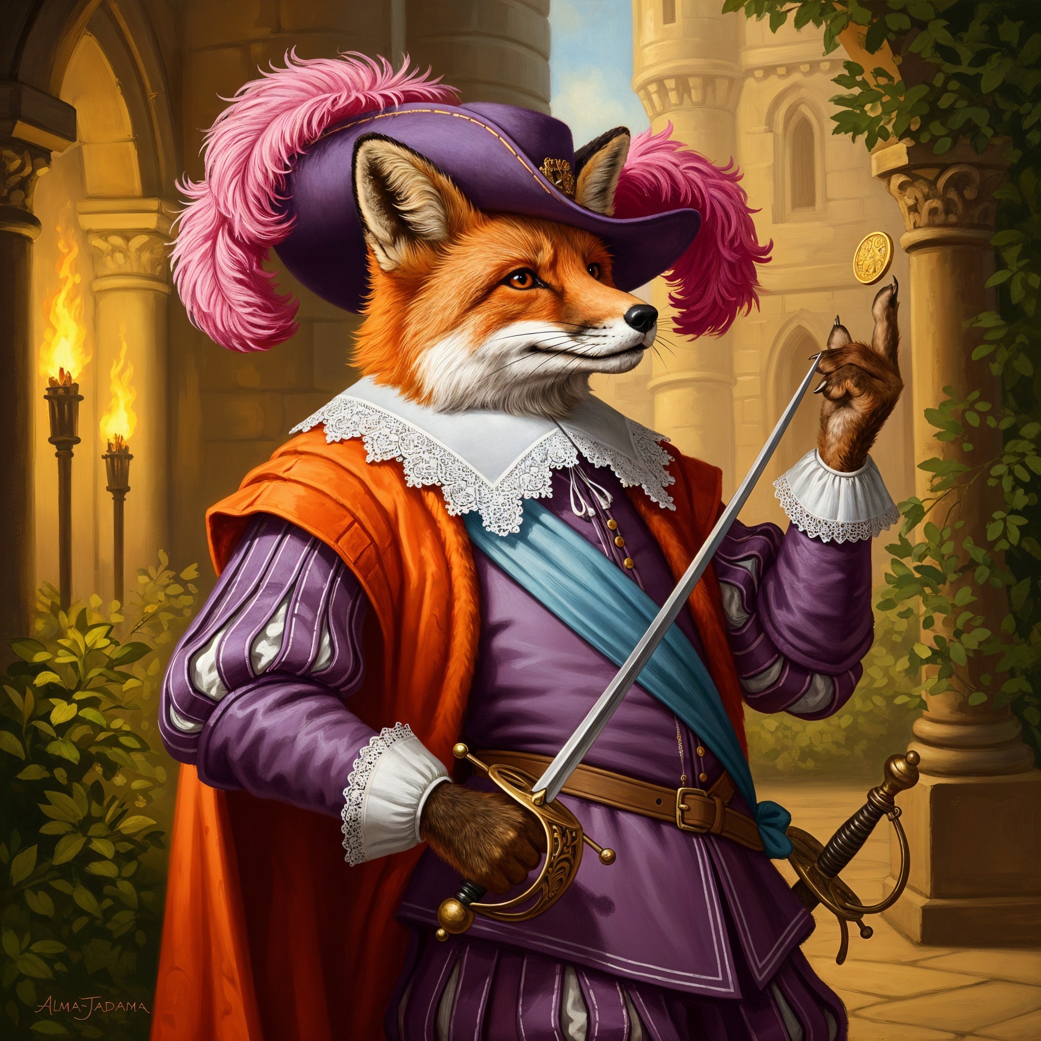 Regal fox in luxurious 17th-century noble attire