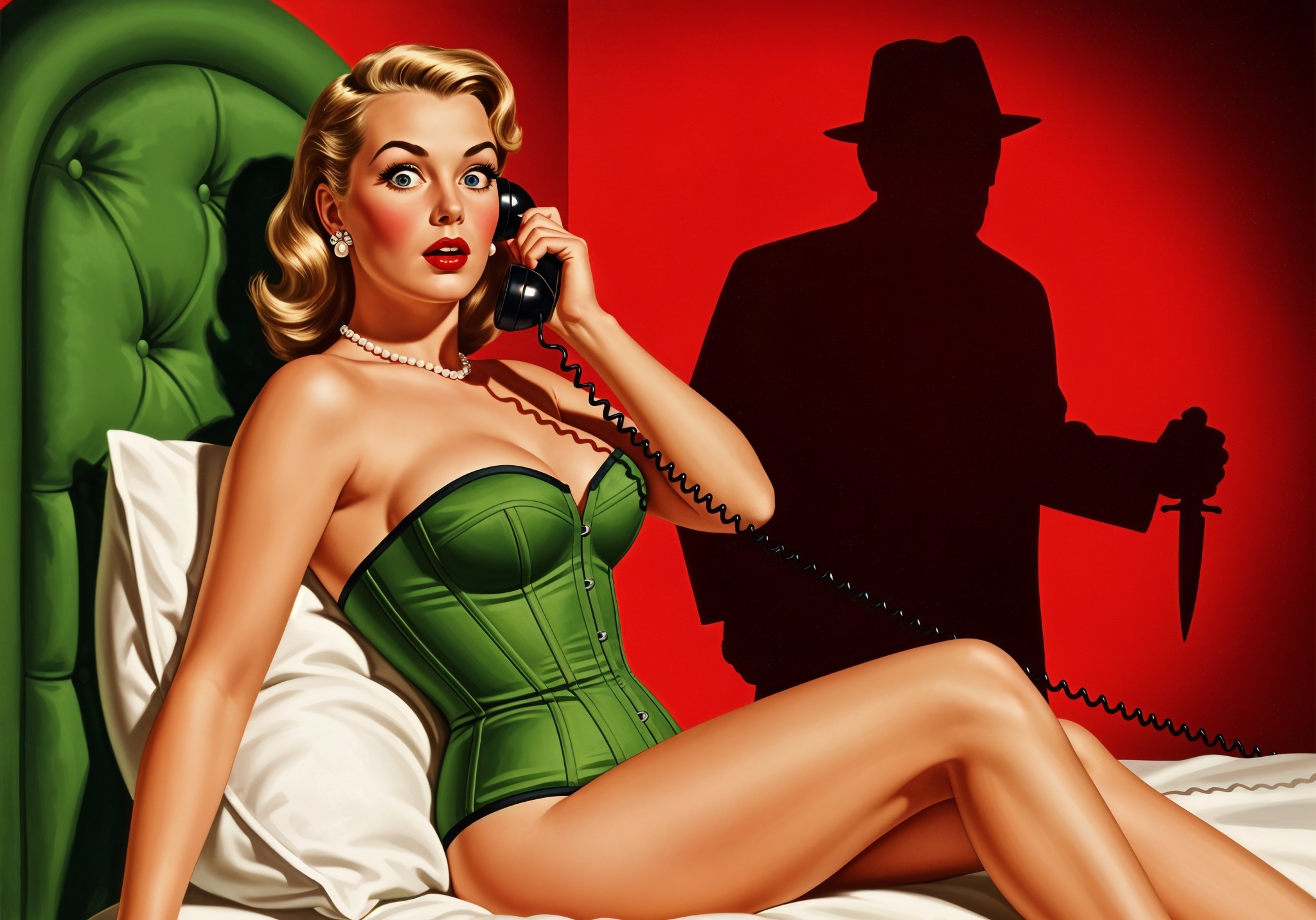 Glamorous Woman in Corset with Ominous Shadow Behind