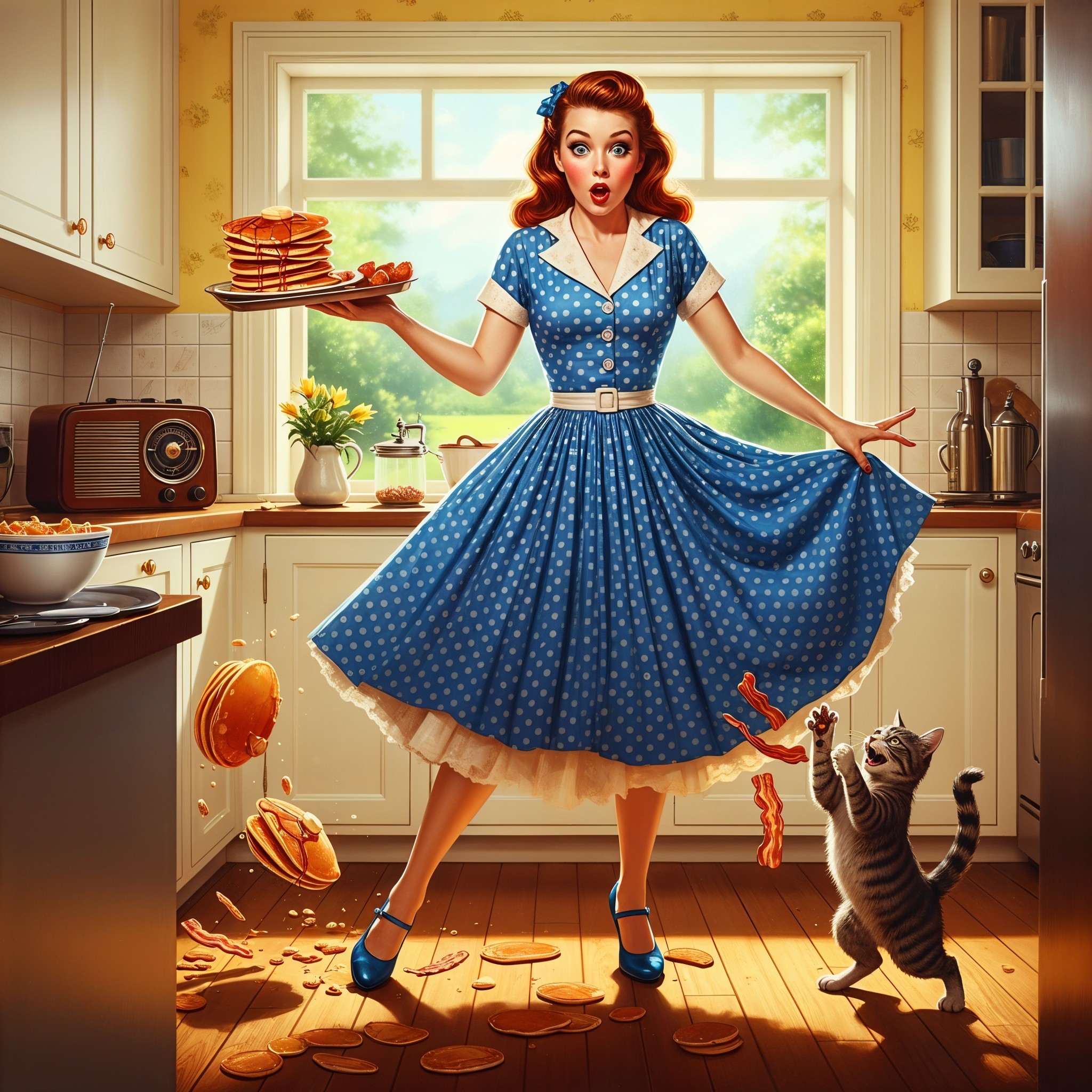 Cozy Kitchen Scene with Pancakes and a Curious Cat