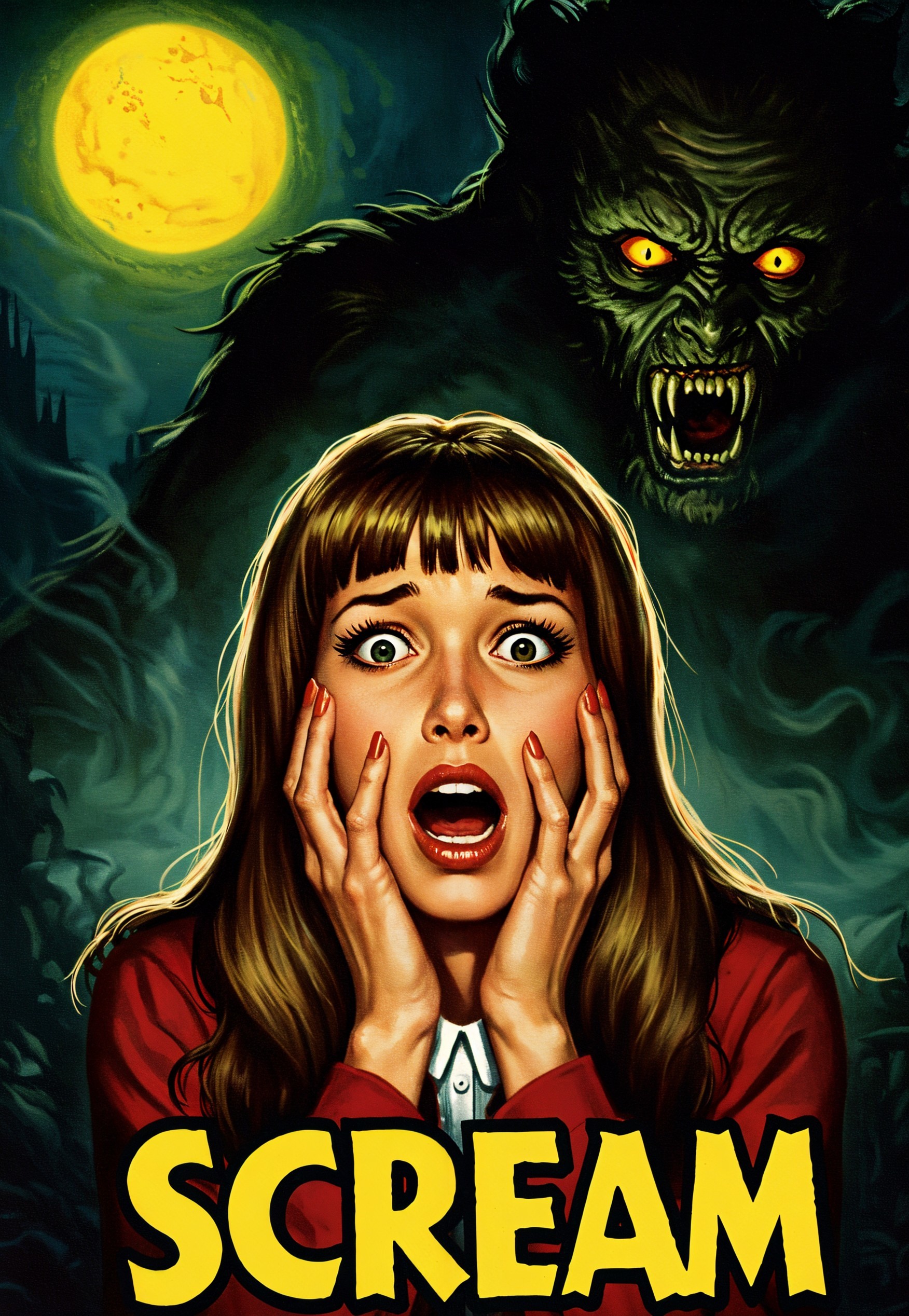 Terrified Woman and Menacing Creature Under Full Moon