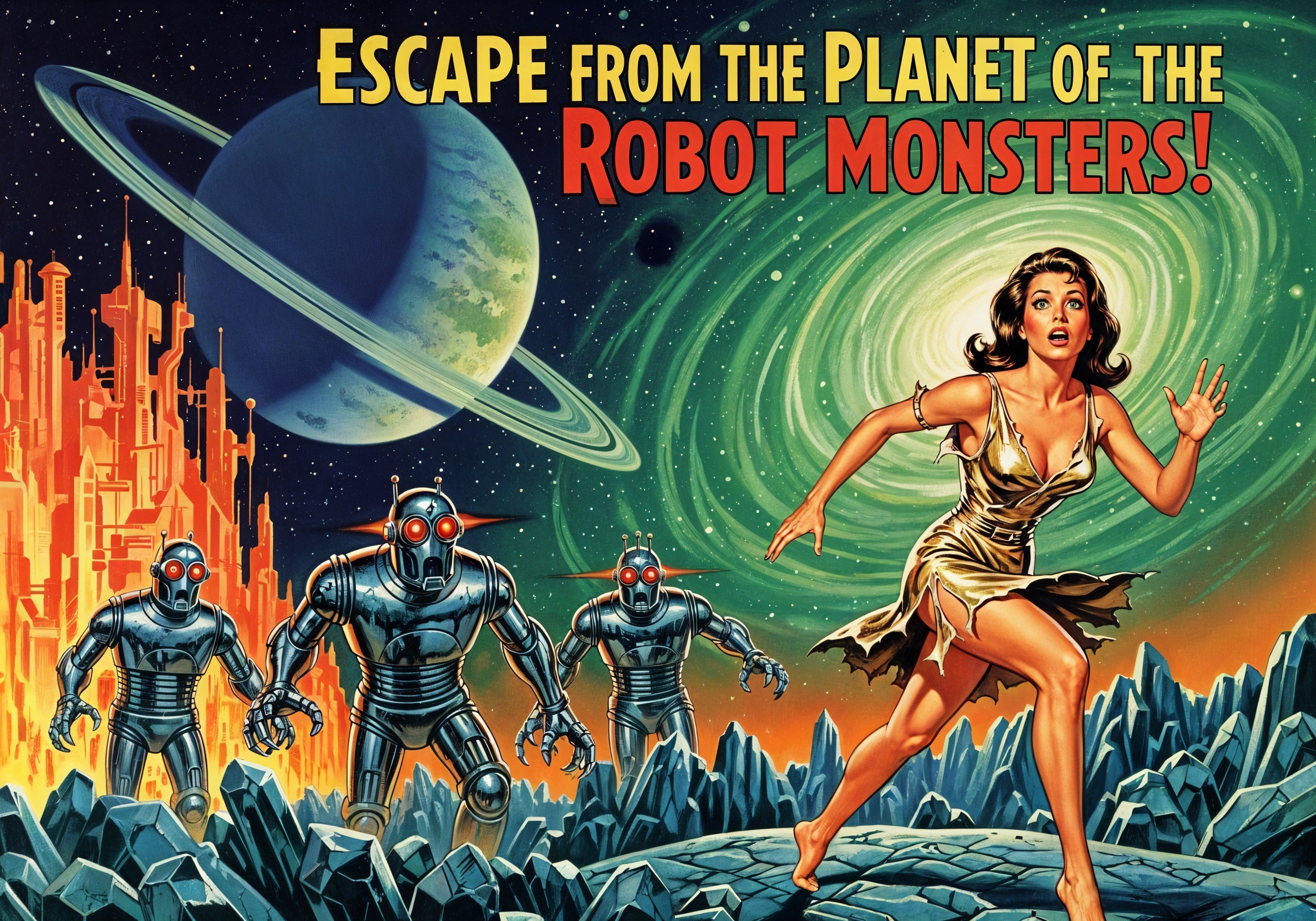 Retro Sci-Fi Scene with Alien Landscapes and Robots