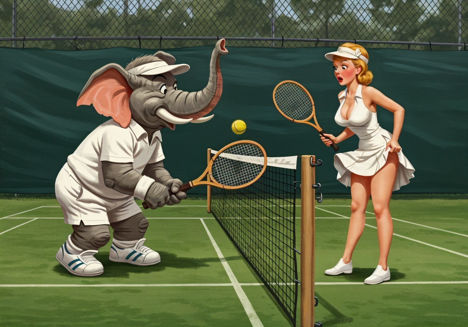 Cartoon Tennis Match Between Elephant and Woman