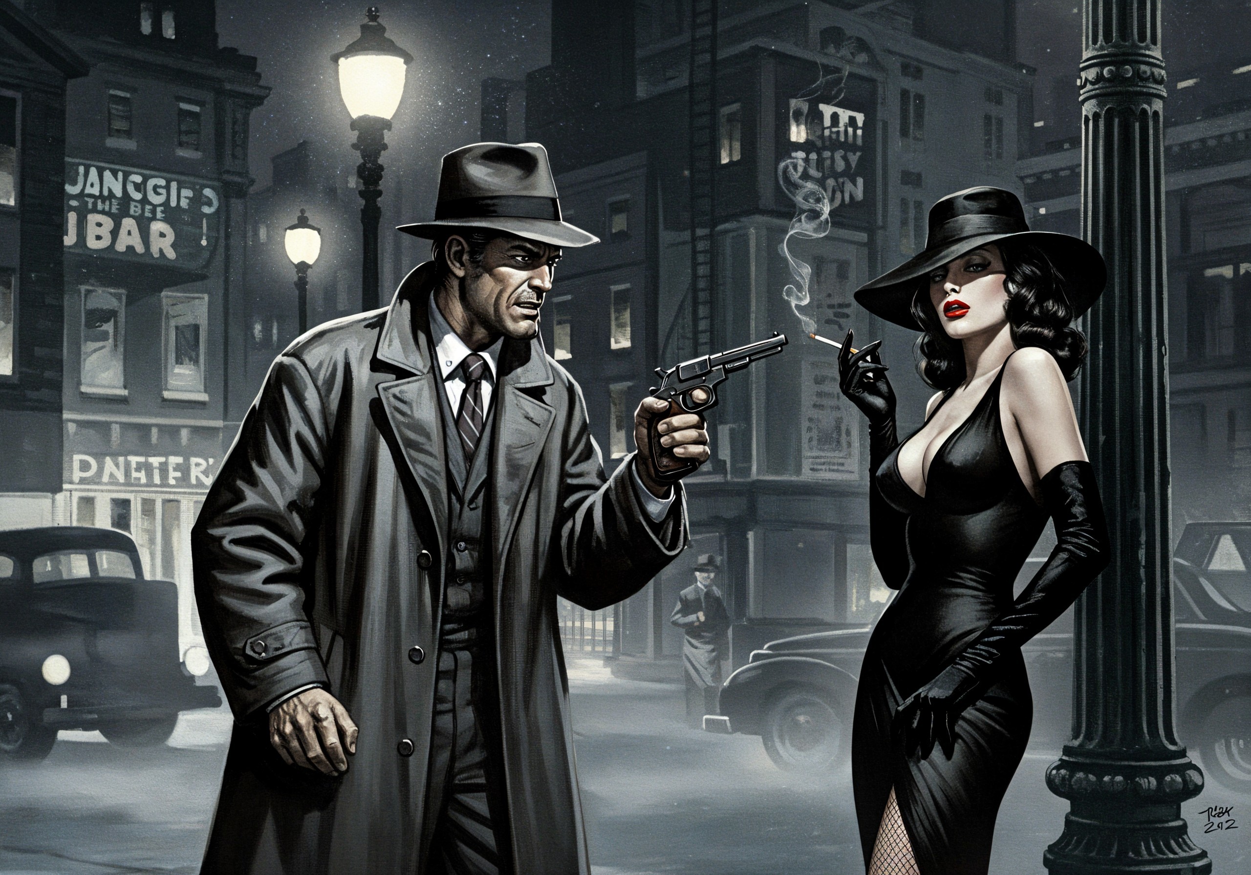 Noir Cityscape with Intense Gunman and Glamorous Woman