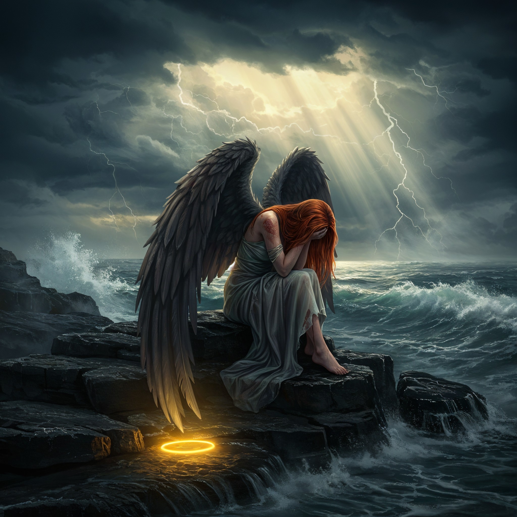 Somber angel with dark wings by turbulent sea