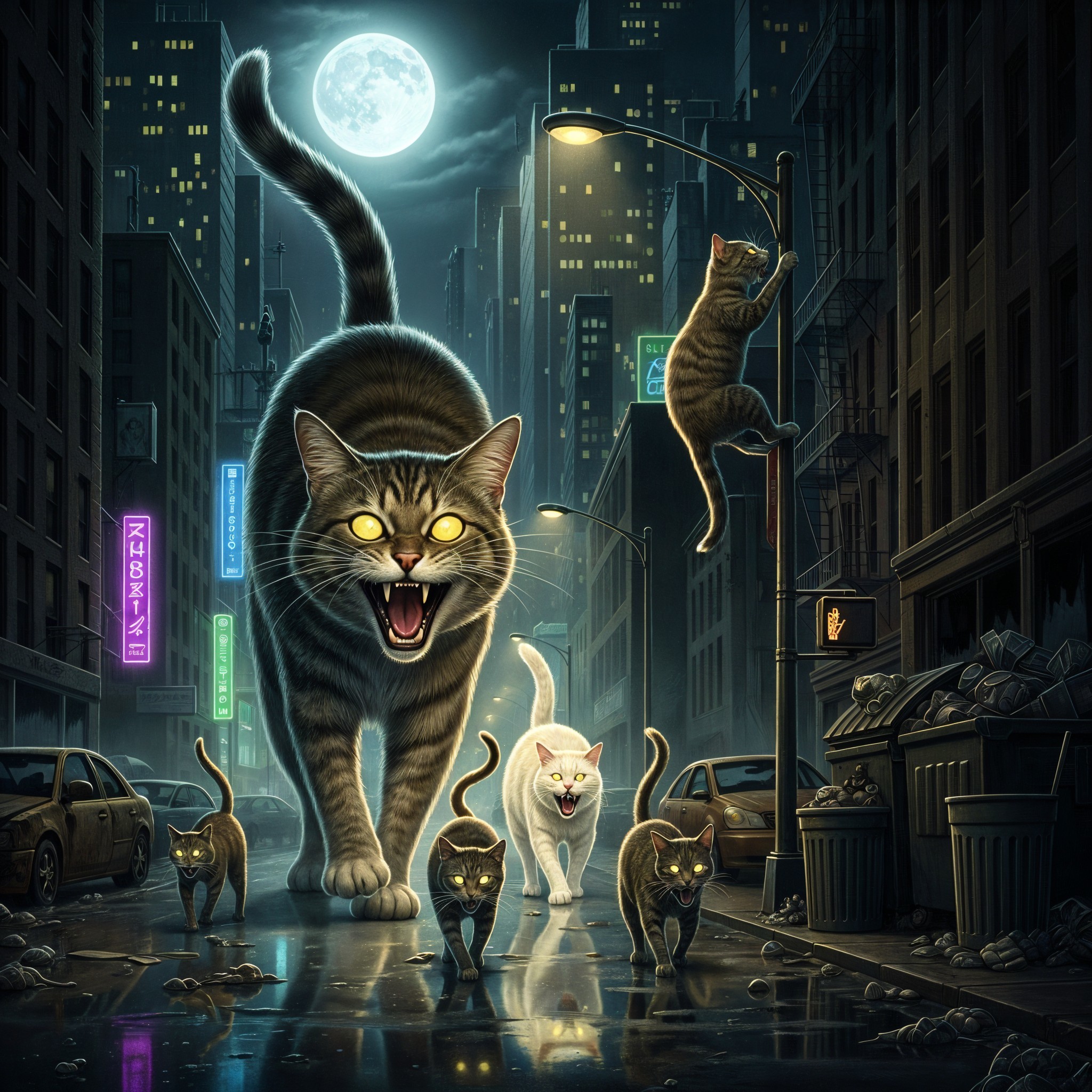 Giant Cat Dominates Smaller Cats in Urban Night Scene