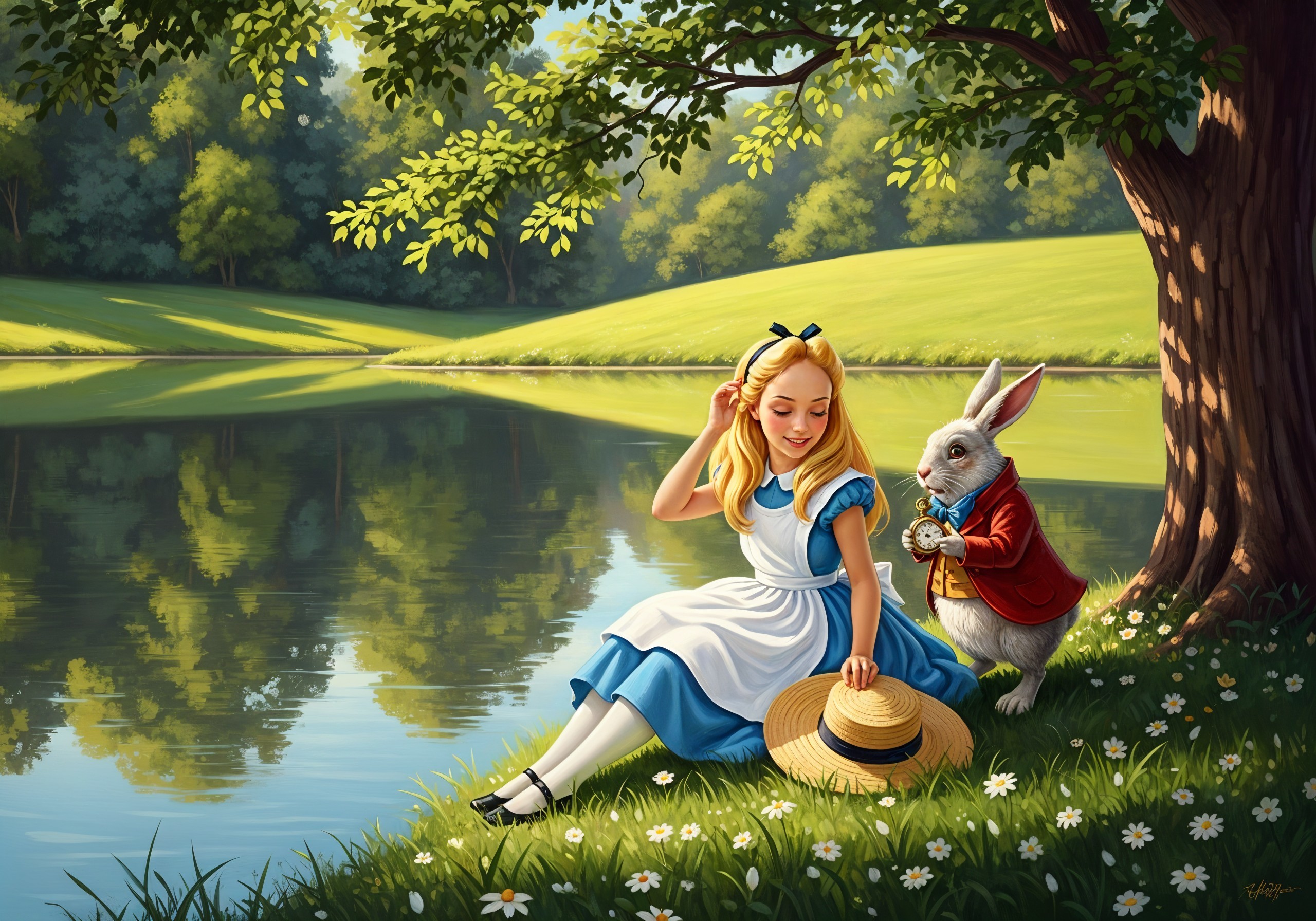 Whimsical Scene of a Girl and Rabbit by a Pond