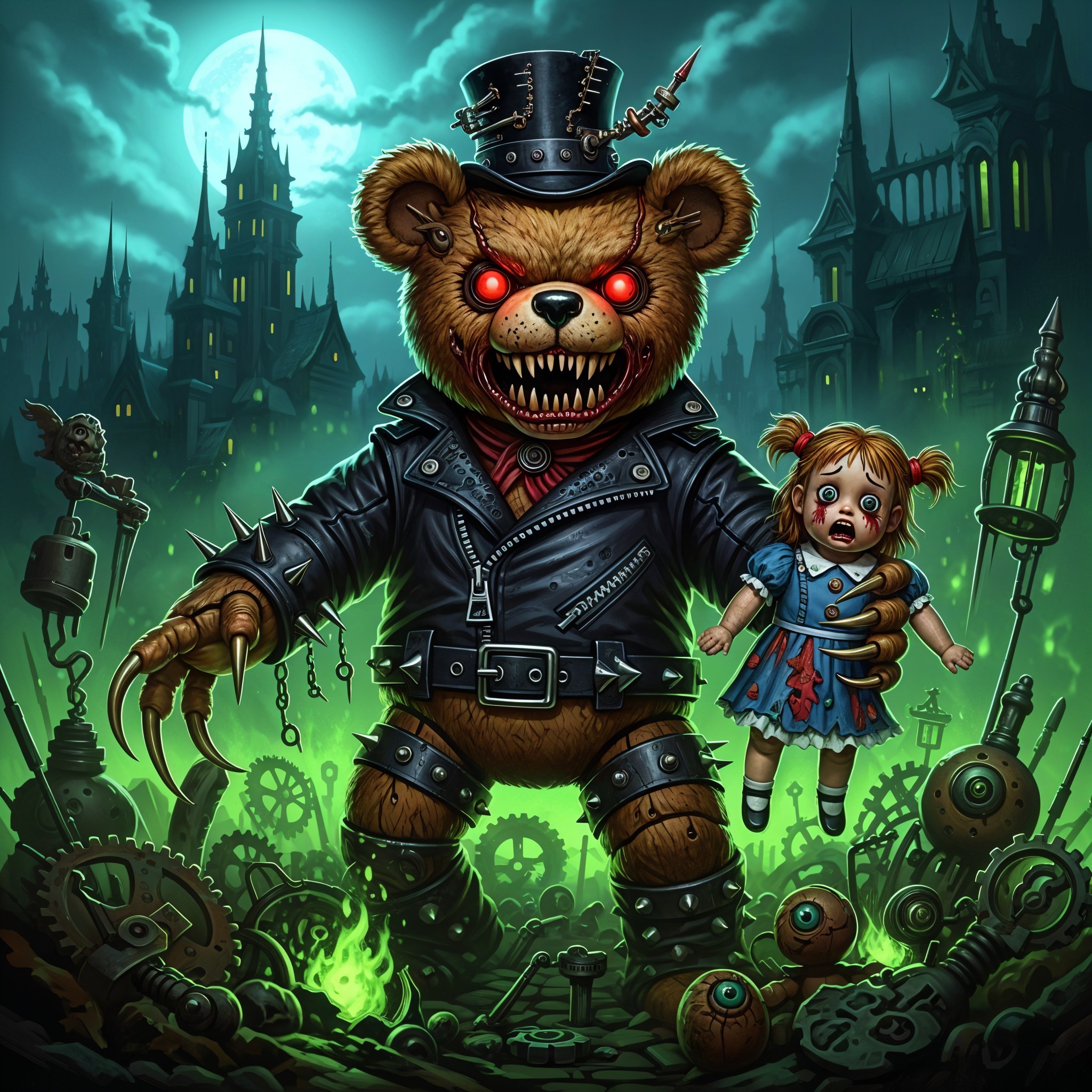 Sinister Teddy Bear in Gothic Landscape at Night