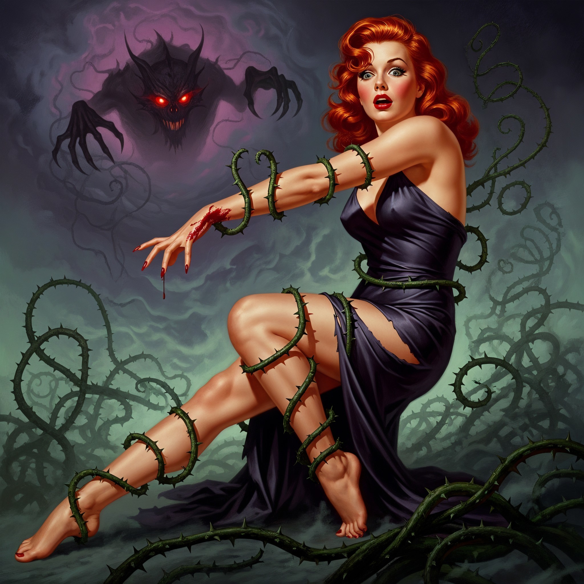 Woman with Red Hair Trapped by Thorny Vines